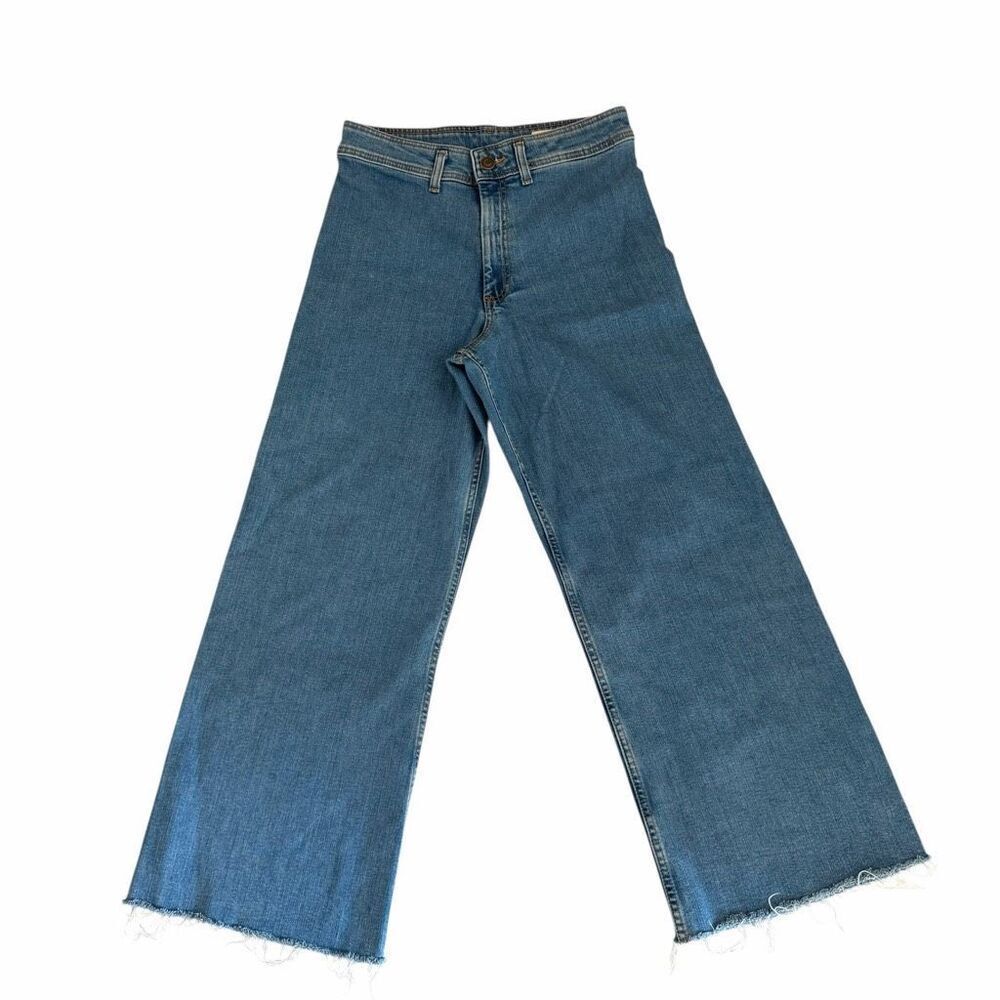 Zara Wide Leg High Rise Y2 K Raw Hem Blue Denim Fly Zip Jeans Sz 12 # 2455